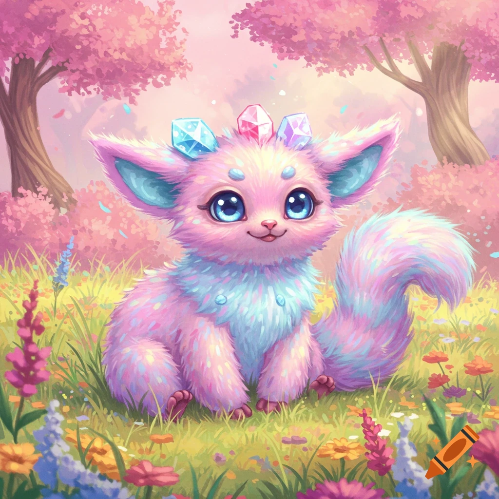 A cute fluffy pink and blue fantasy creature with large blue eyes and crystals on its head sits in a field of colorful flowers under pink trees.