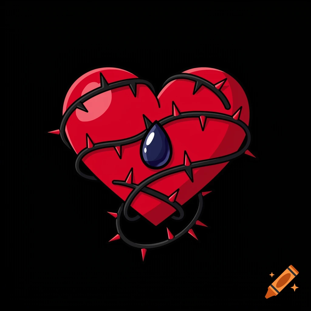 A stylized red heart wrapped in thorny black vines, with a single dark blue tear falling from its center, on a black background.