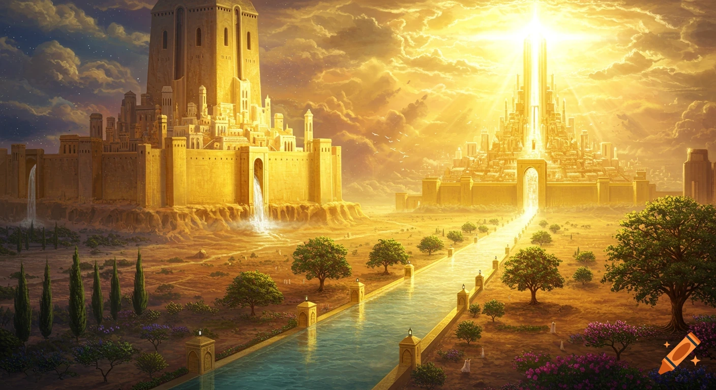 A grand golden city glows under a celestial golden sky, with a long pathway leading to a bright, glowing structure, surrounded by trees and water.