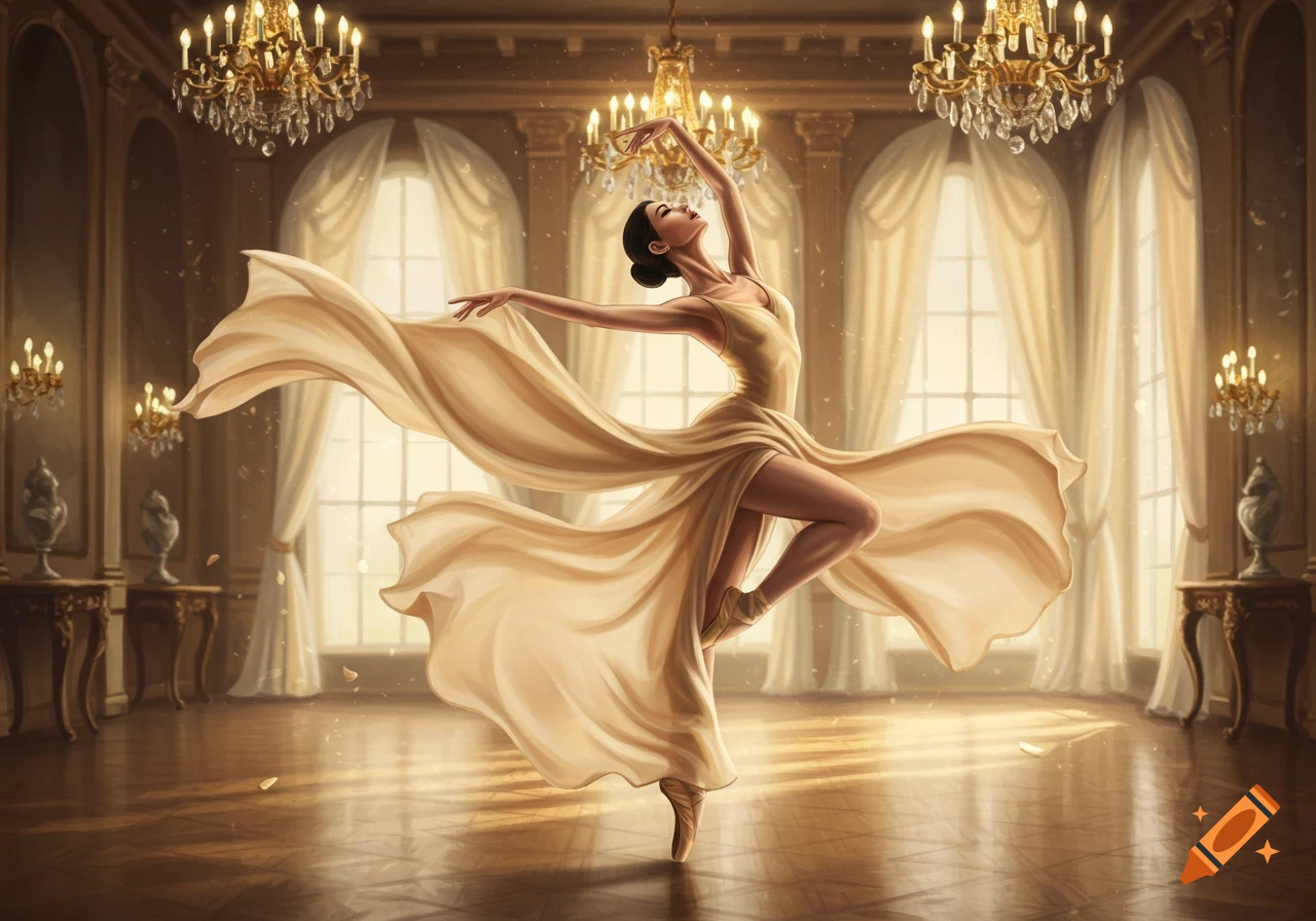 A graceful ballerina in a flowing gold dress dances en pointe in a grand, chandelier-lit ballroom with large windows.