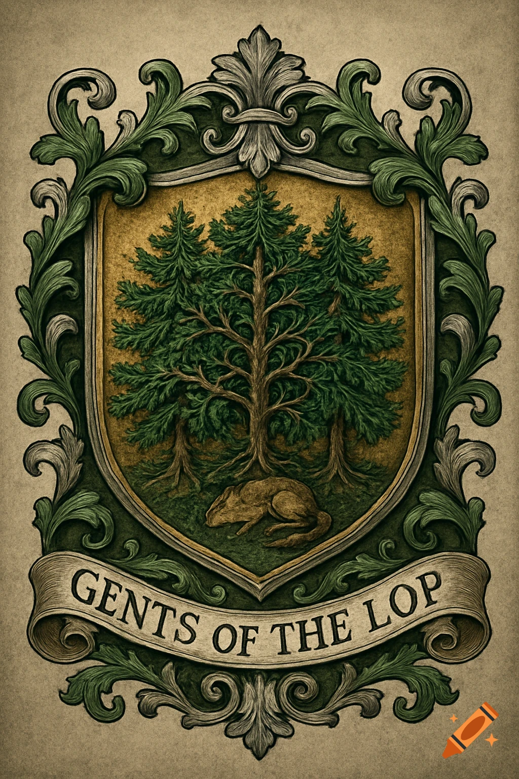 Stylized heraldic coat of arms with green foliage, a pine tree forest, a resting chipmunk, and a banner reading 'GENTS OF THE LOP'.