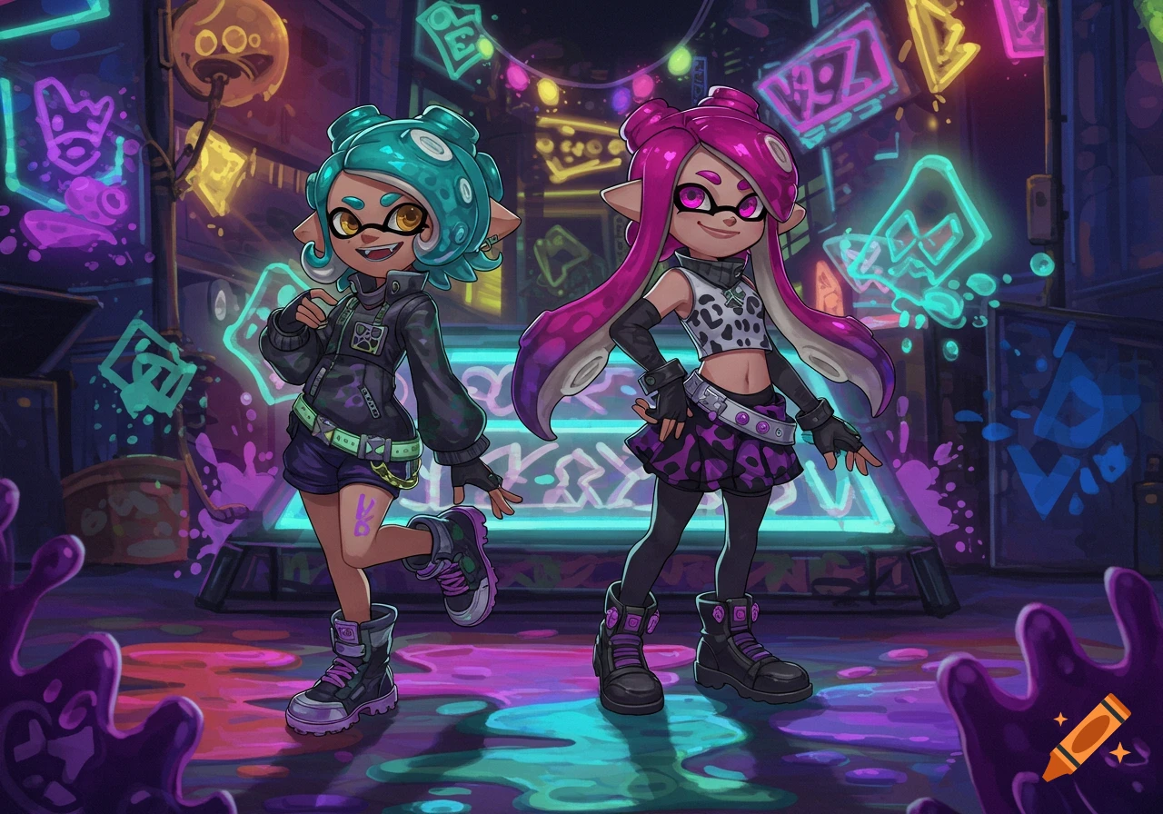 Two stylized female characters with colorful hair and ink-like tentacles, dressed in punk-inspired outfits, stand on a wet, colorful street under neon signs.