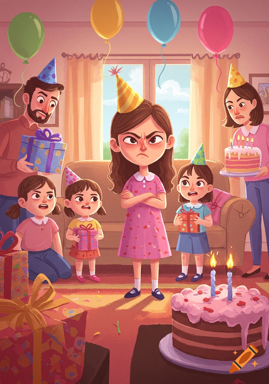 A colorful drawing of a family at a birthday party, where the grumpy birthday girl stands center, arms crossed, while family members hold gifts and cake.