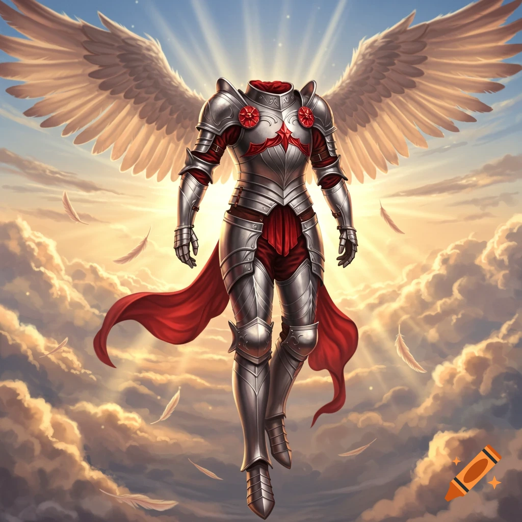 An ornate silver suit of armor with red accents and large white wings floats among white clouds under a radiant sky.