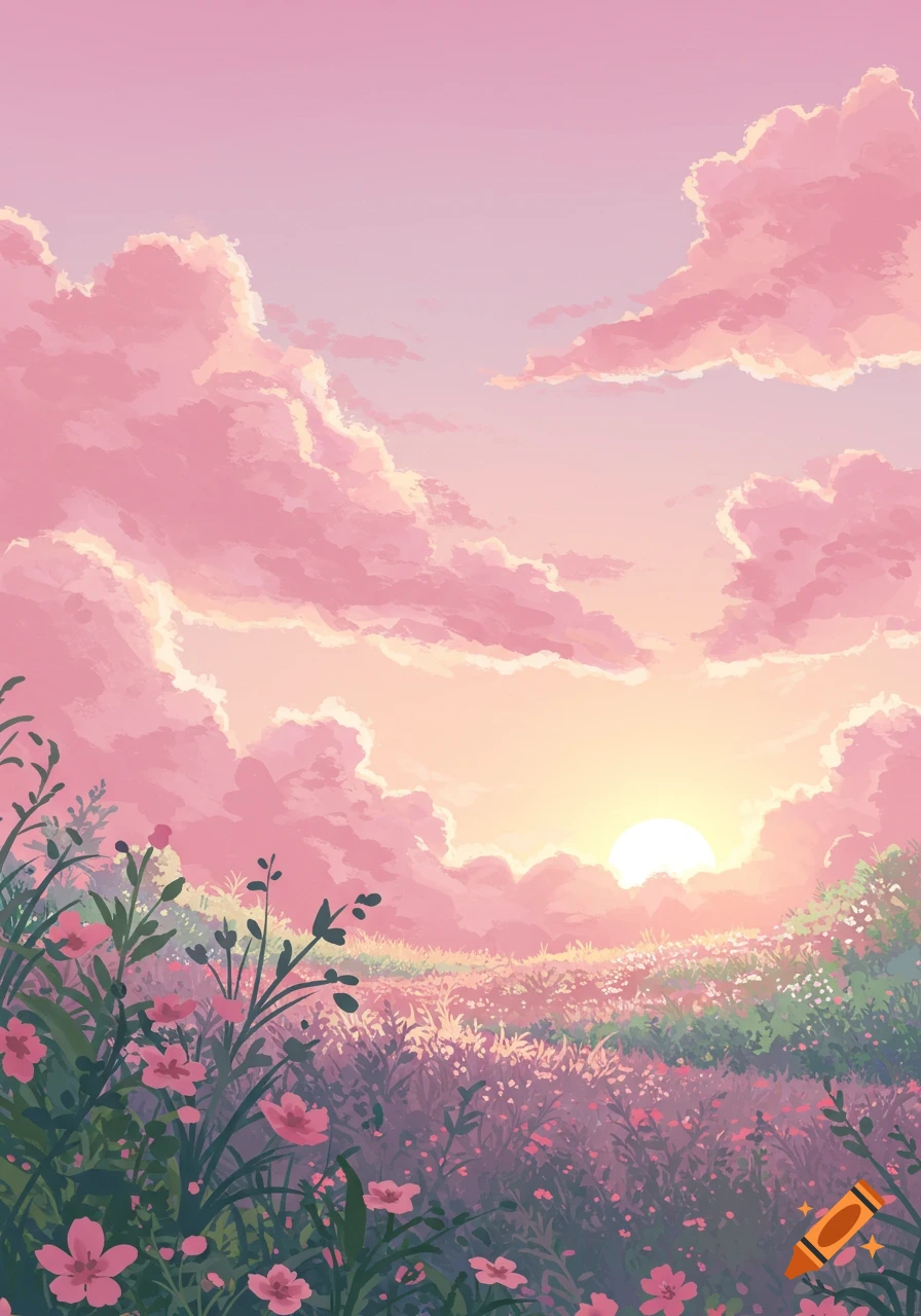 A vibrant pink and orange sunset over a field of wildflowers and lush green foliage, in a soft illustrative style.