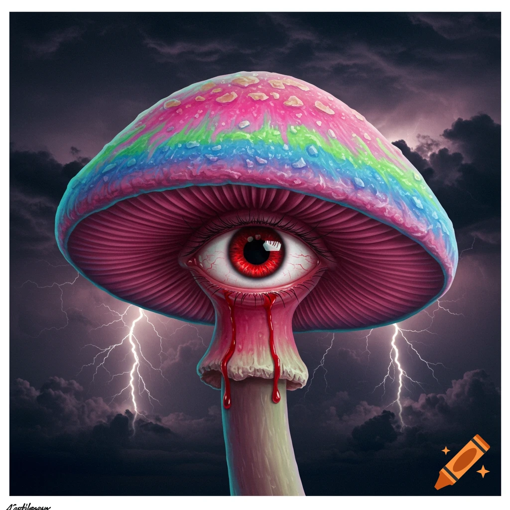 A large, brightly colored psychedelic mushroom with a red cyclops eye crying blood, under a dark, stormy sky with lightning.