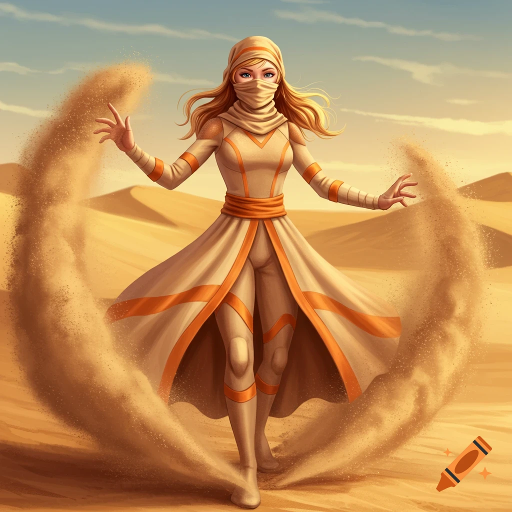 A female character in a desert, wearing a sand-colored jumpsuit and head covering, manipulating sand into an arc around her in an anime art style.