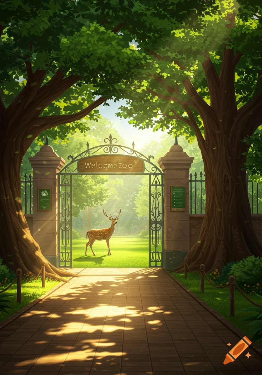 A deer stands in a grassy park beyond an ornate "Welcome Zoo" gate, framed by large trees with sun rays, in an illustrative style.