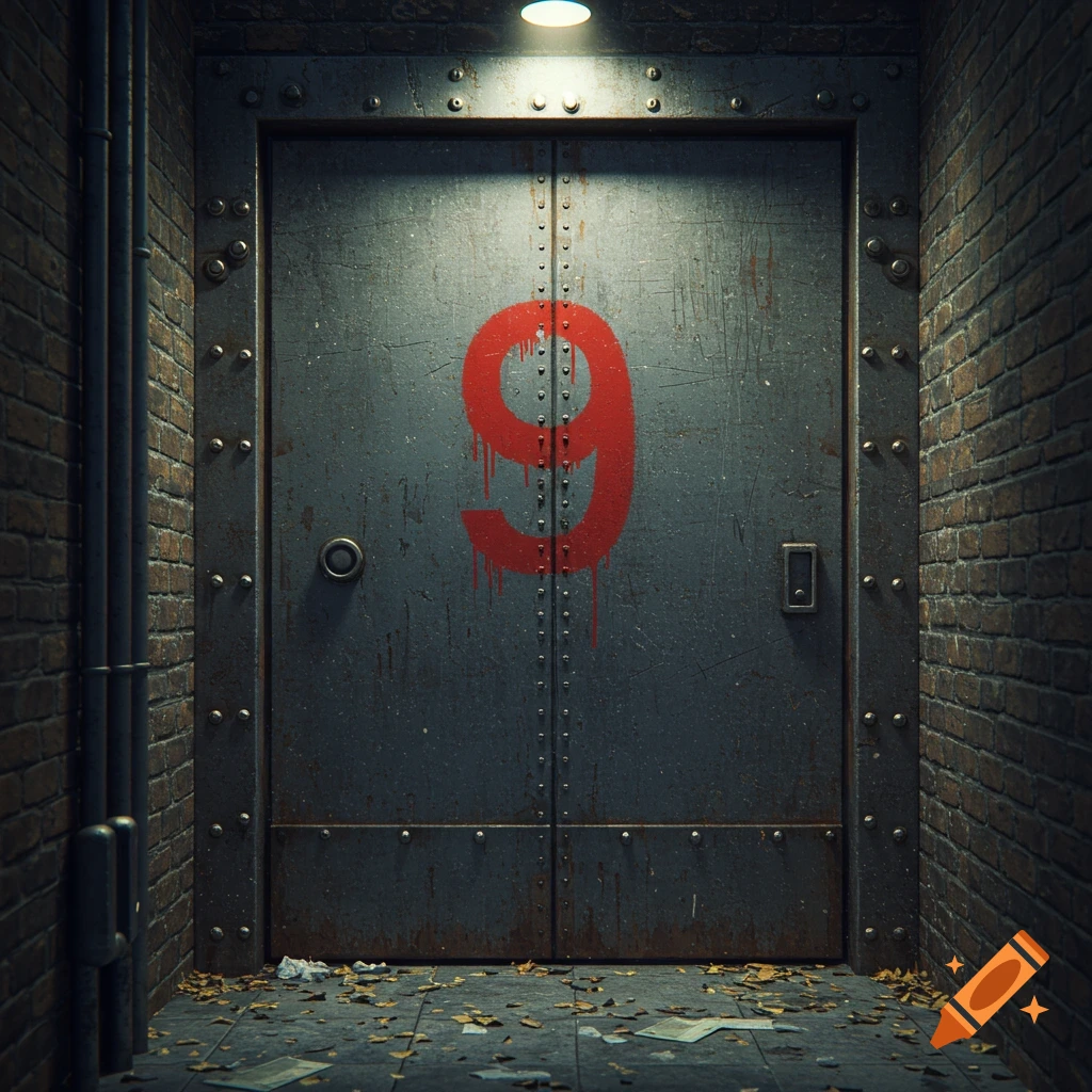 A photorealistic image of a dark, gritty metal door with a large, dripping red number 9 painted on it, in a dimly lit, dirty alleyway.