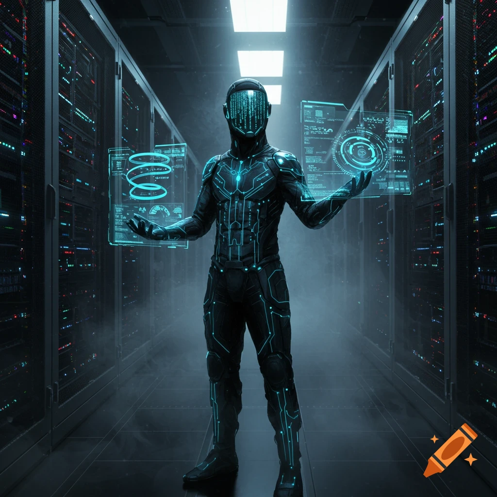A futuristic hacker in a black suit with glowing blue circuits stands in a server room, holding holographic screens displaying data.