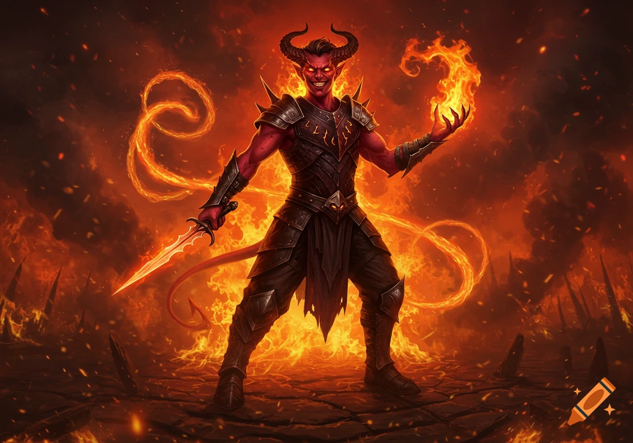 A red-skinned devil with horns and glowing eyes, wearing dark armor, holds a fiery sword and a ball of fire in a burning landscape.