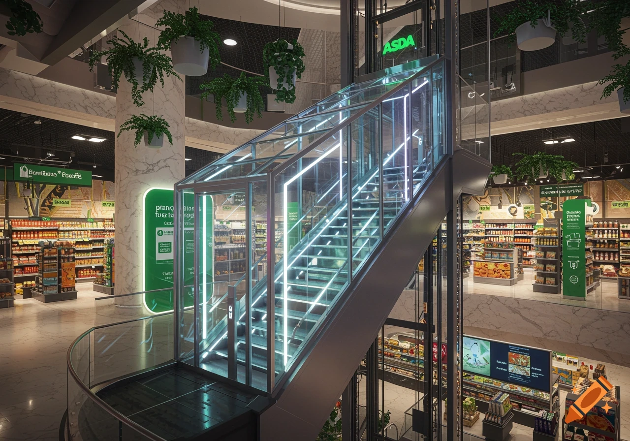 Photorealistic image of a modern, multi-level supermarket interior with a large glass and illuminated staircase, showing aisles of products and green hanging plants.