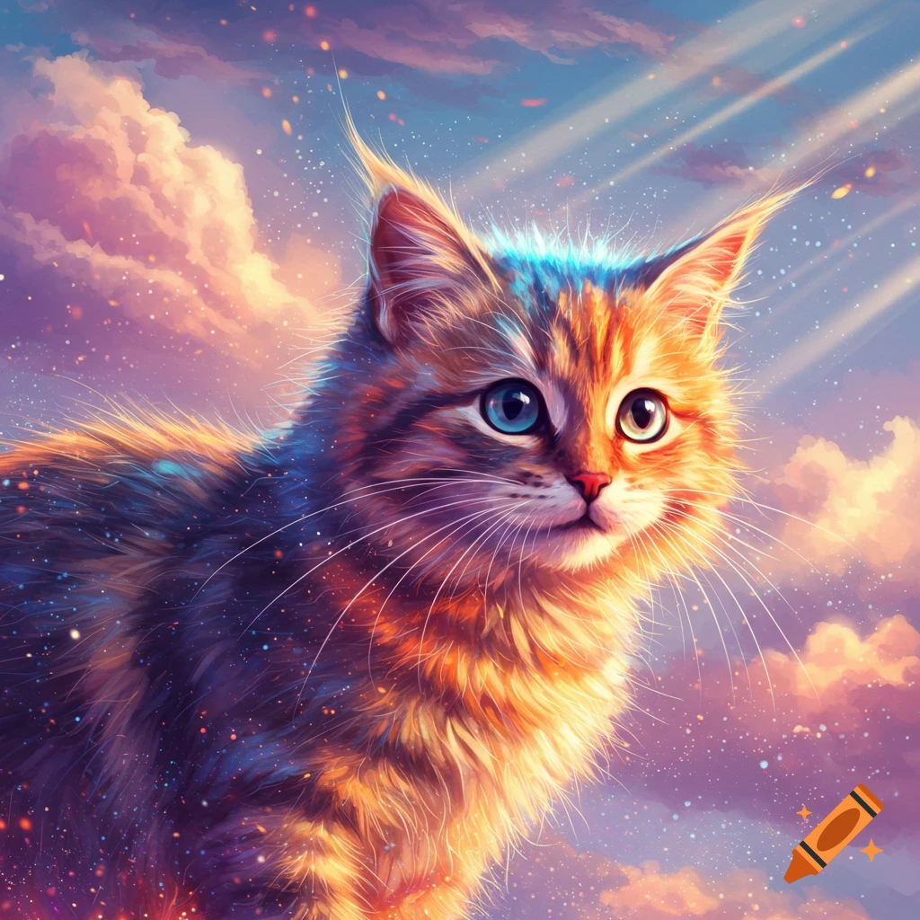 Fluffy cat with blue and orange eyes against a vibrant sky with pink clouds and shimmering light.