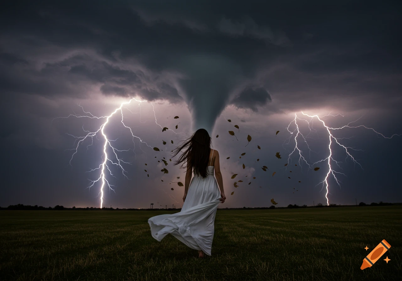 A woman in a white dress stands in a field facing a tornado and lightning under a dark, stormy sky.