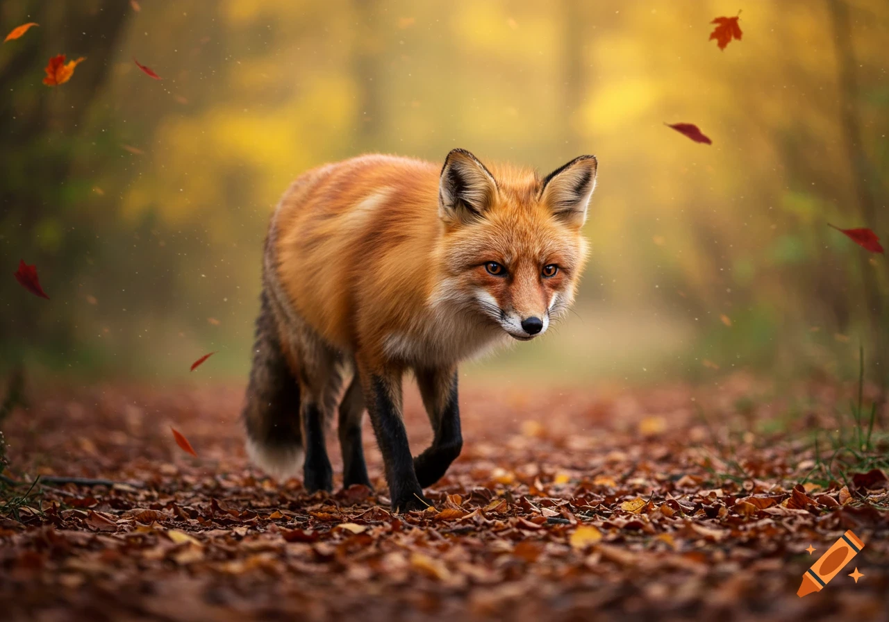 A photorealistic red fox walks on a path covered in autumn leaves in a forest.
