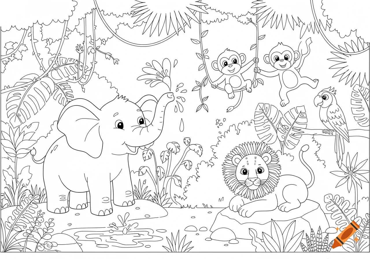 Black and white line art coloring page of cute jungle animals: an elephant, two monkeys on vines, a lion, and a parrot.