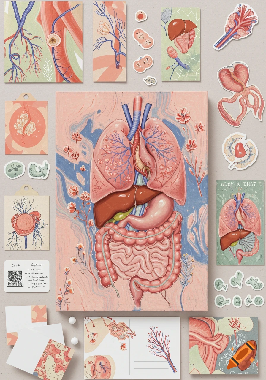 A flat lay of various medical-themed stationery items, including a central painting of human internal organs (lungs, heart, liver, stomach, intestines) in a surreal, floral style, surrounded by bookmarks, stickers, and postcards with similar anatomical illustrations.