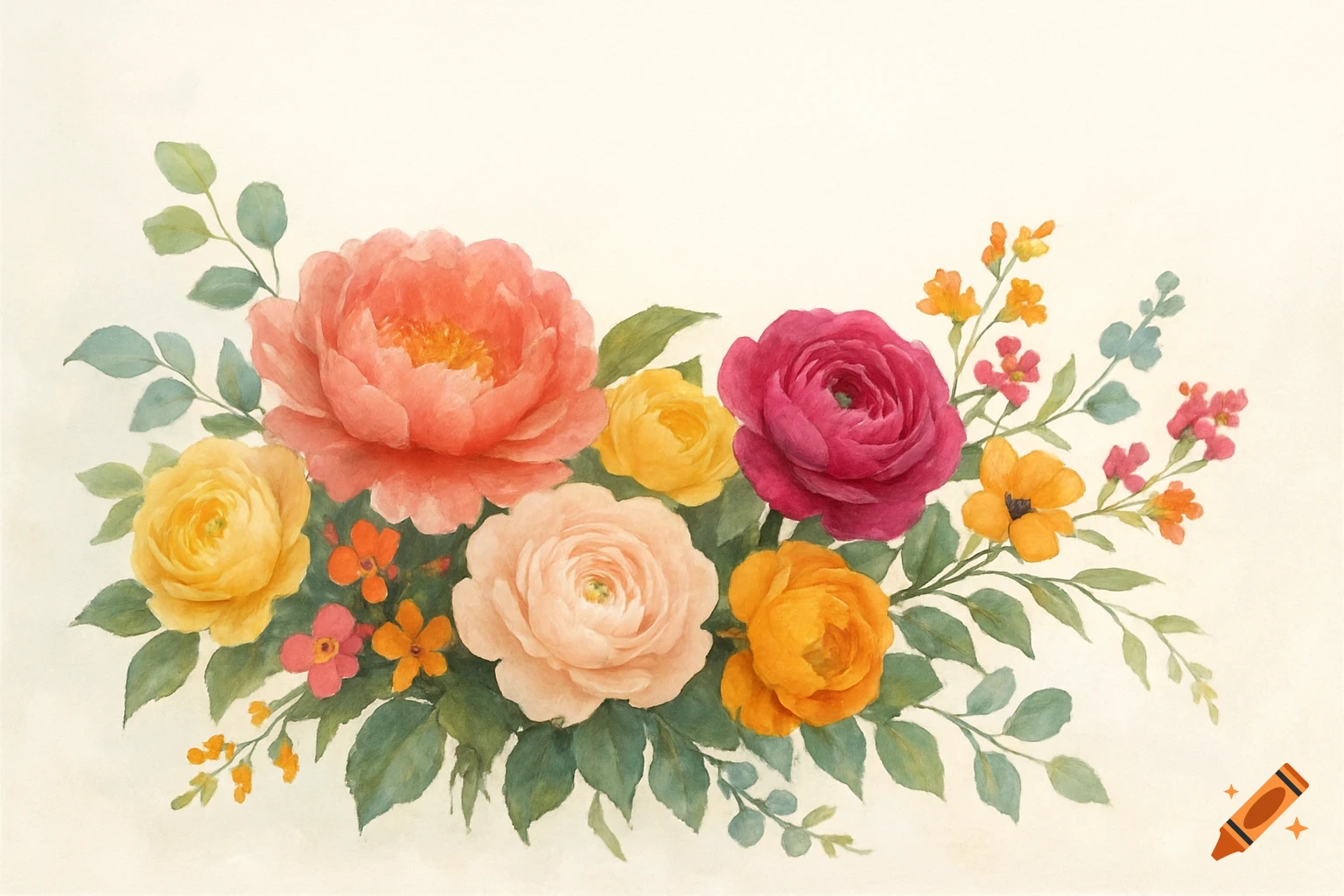 A vibrant painterly watercolor illustration of a bouquet with coral, magenta, blush, and yellow peonies, roses, and wildflowers.