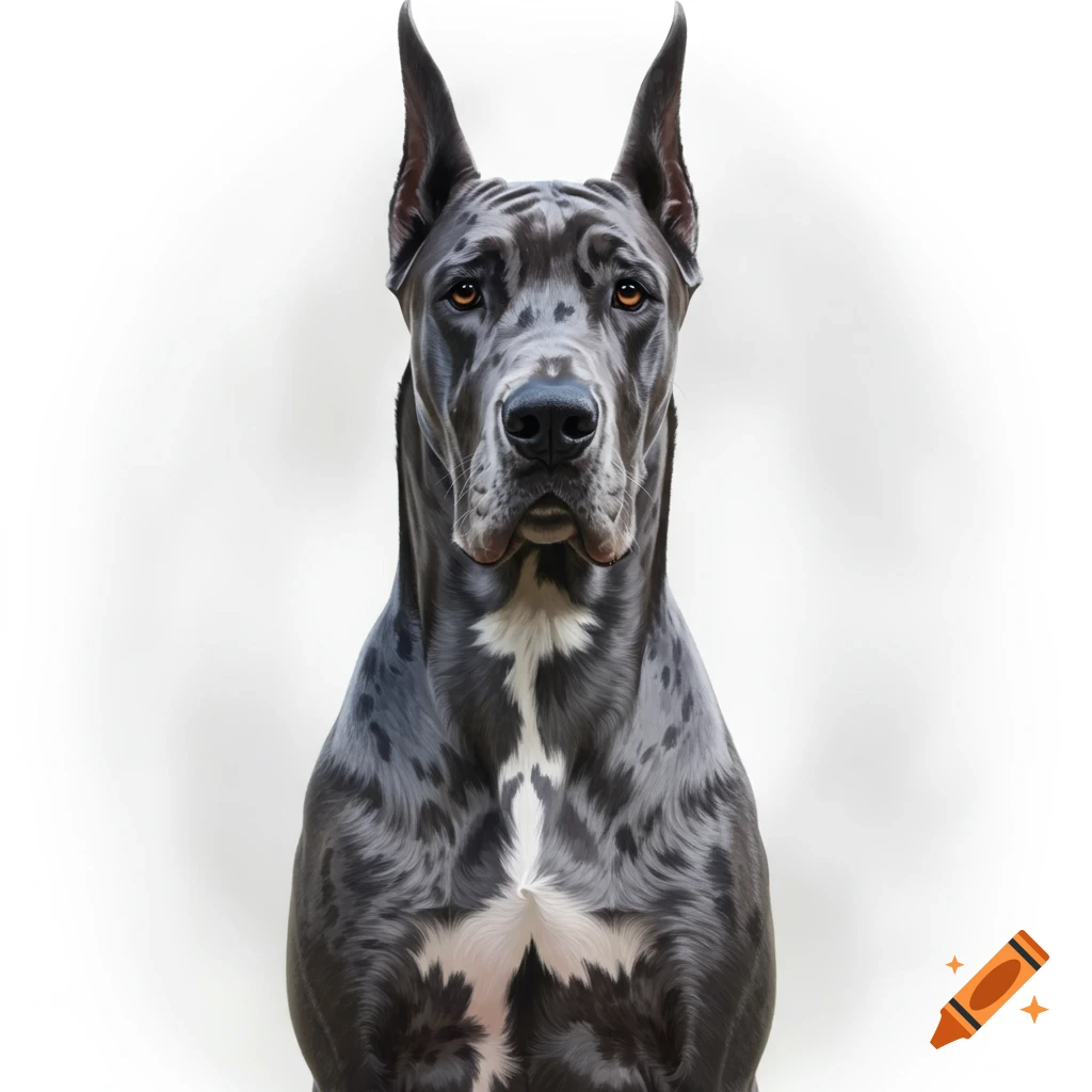 A photorealistic depiction of a blue merle Great Dane dog looking straight ahead on a white background.