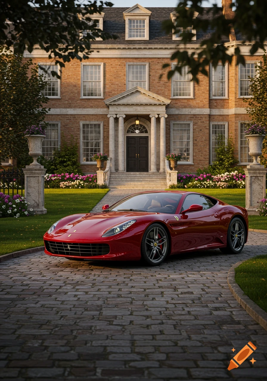 A red Ferrari sports car is parked on a cobblestone driveway in front of a large, elegant brick mansion.