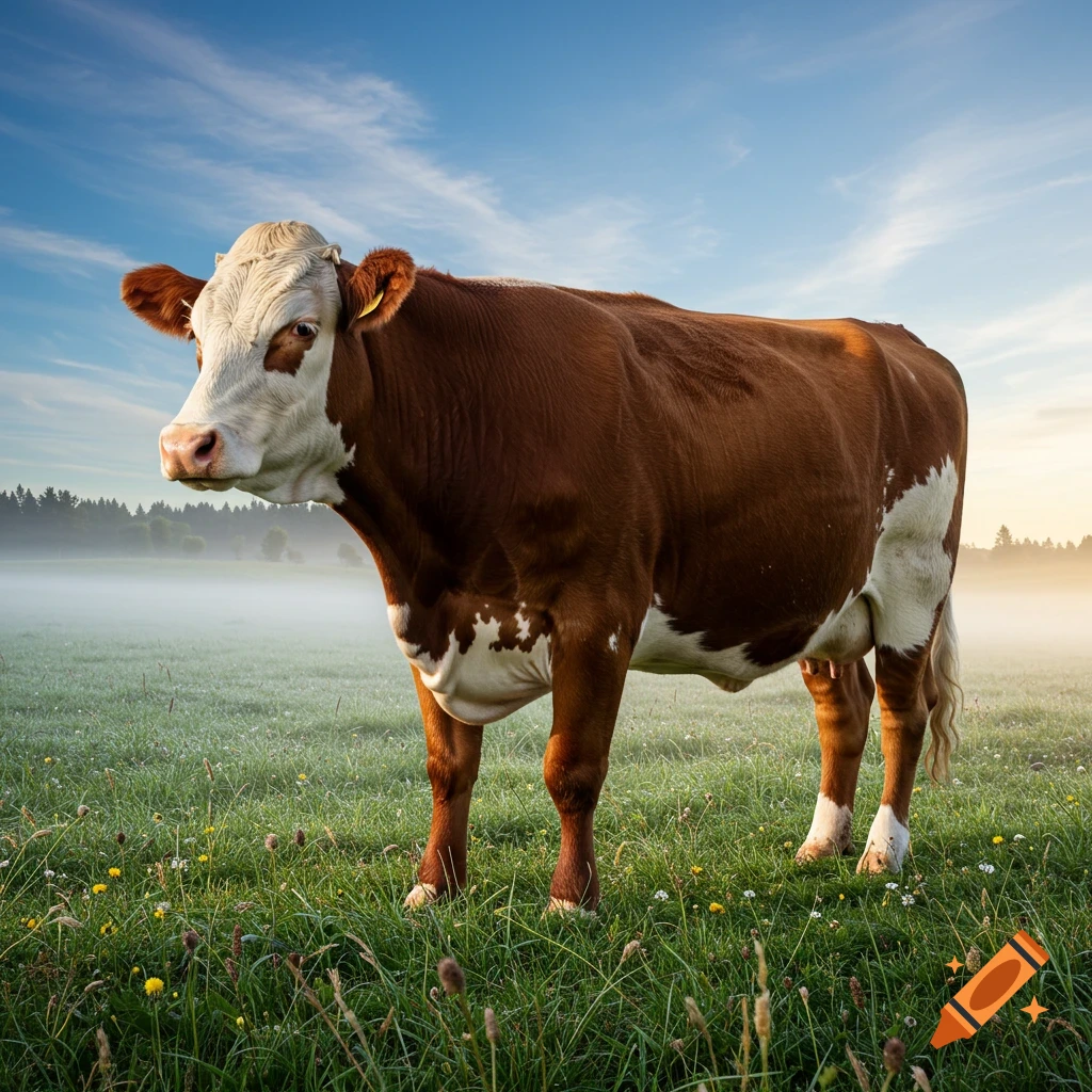 A photorealistic brown and white cow stands in a misty green pasture under a clear blue sky.