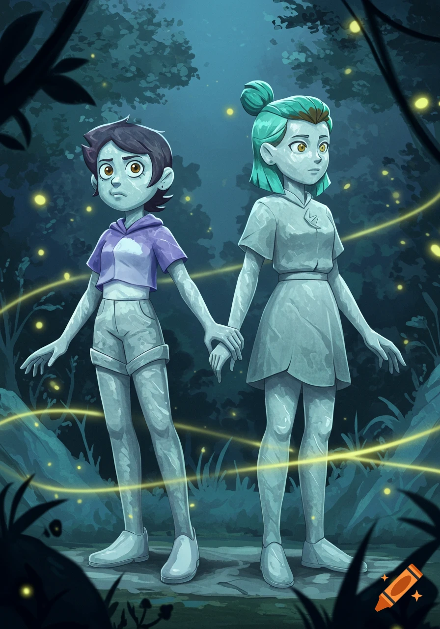 Luz and Amity as stone statues holding hands in a dark, glowing forest at night with fireflies in an animated style.