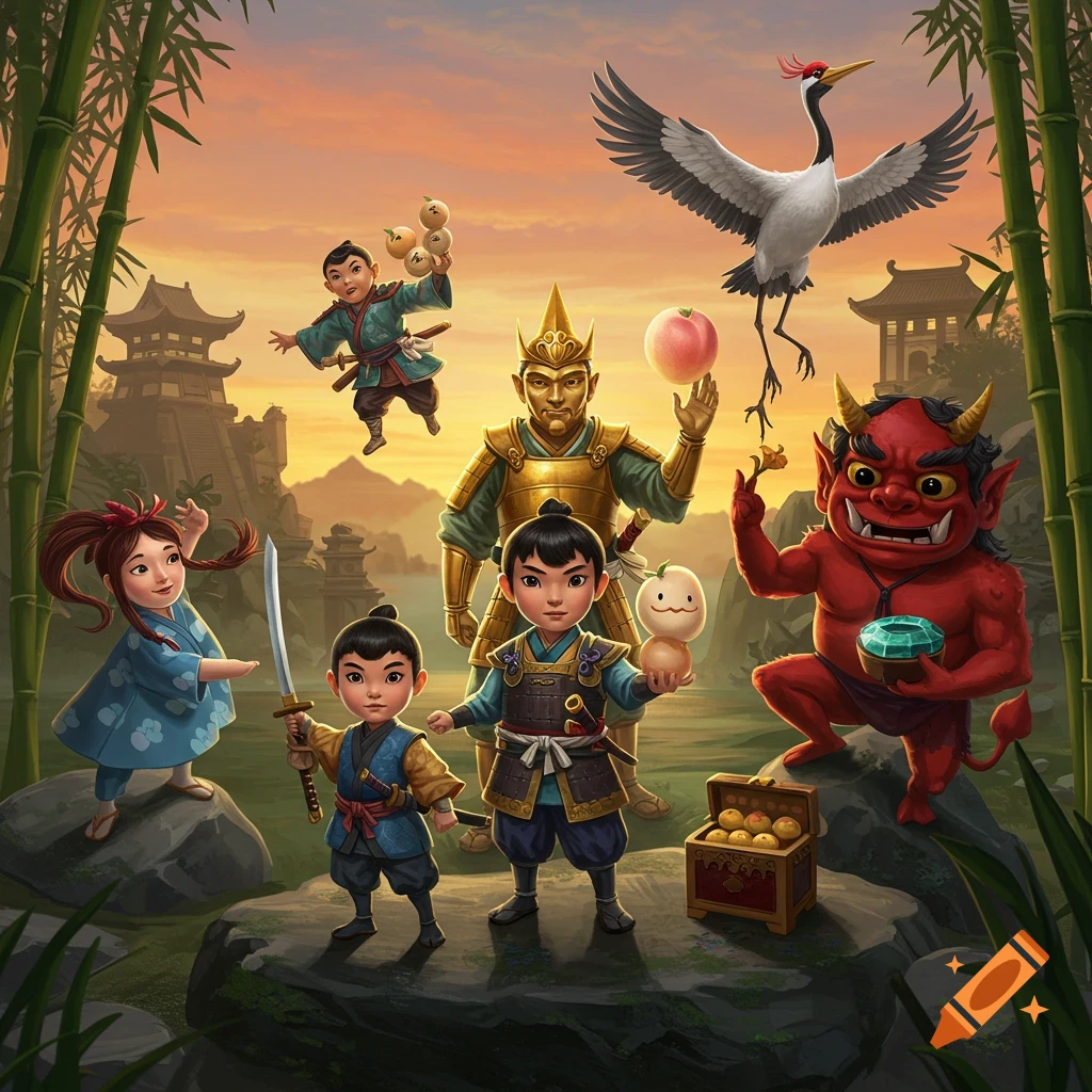 Stylized Japanese folktale characters, including children, a golden warrior, a red oni, and a crane, gathered on rocks in a bamboo forest with traditional buildings at sunset.