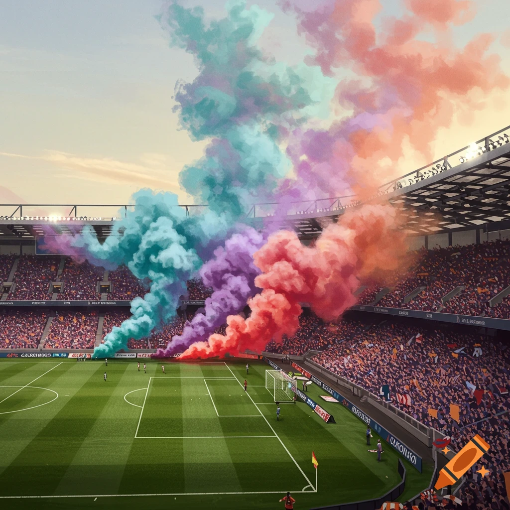 A vibrant football stadium filled with spectators and large plumes of colorful smoke rising from the stands.