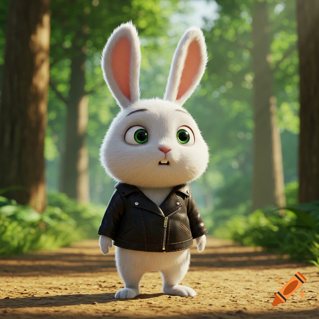 A cute white cartoon rabbit wearing a black leather jacket stands on a forest path in Pixar style.