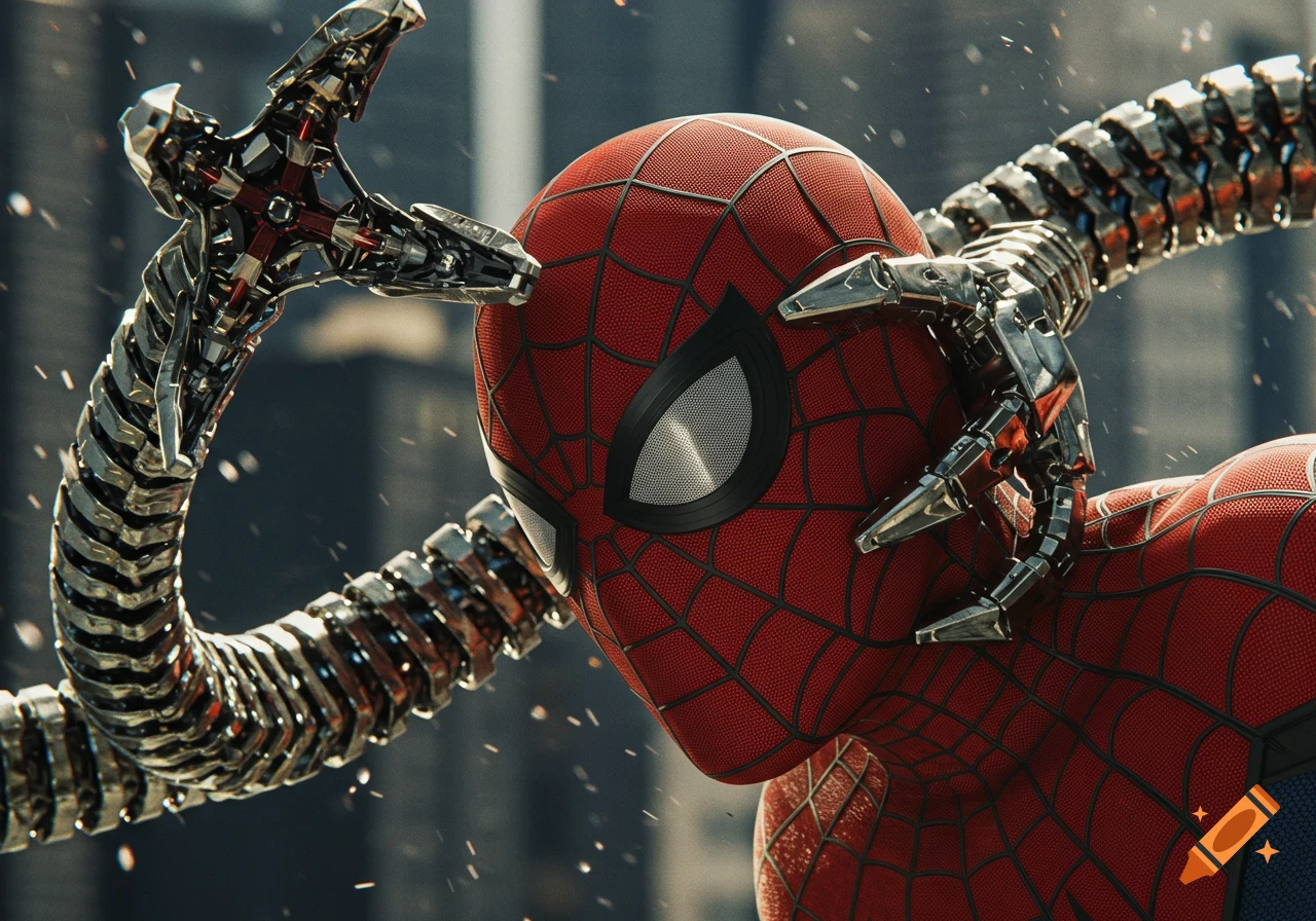 Doctor Octopus's metallic tentacle tightly grips Spider-Man's masked head in a detailed, close-up shot.