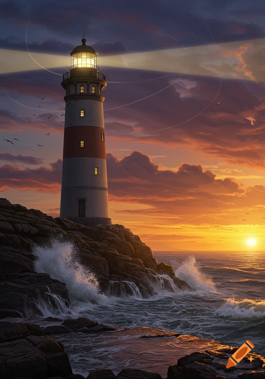 A picturesque lighthouse stands on a rocky cliff overlooking a wavy ocean at sunset.