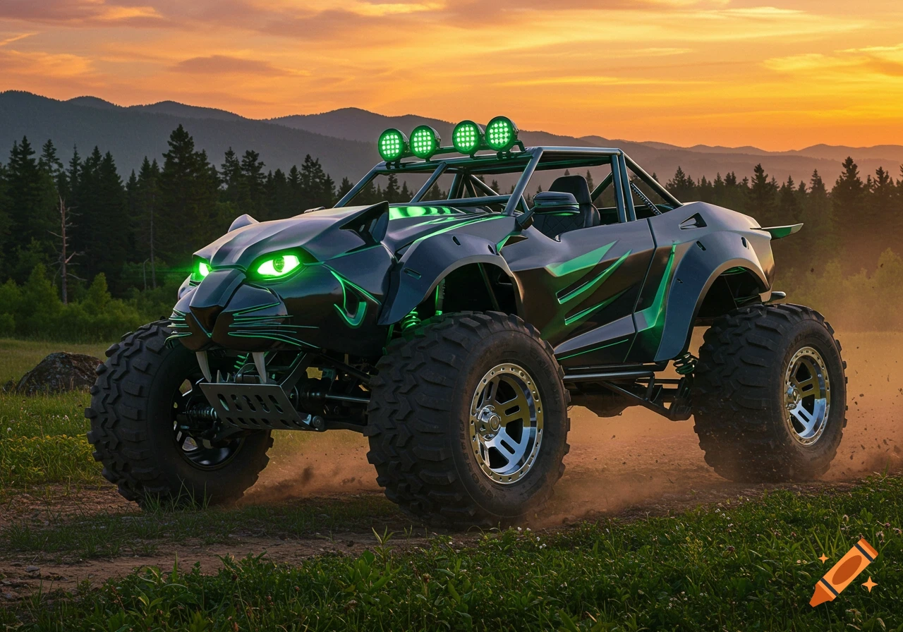 A black panther-themed off-road vehicle with glowing green lights and large knobby tires kicks up dirt on a path during sunset.