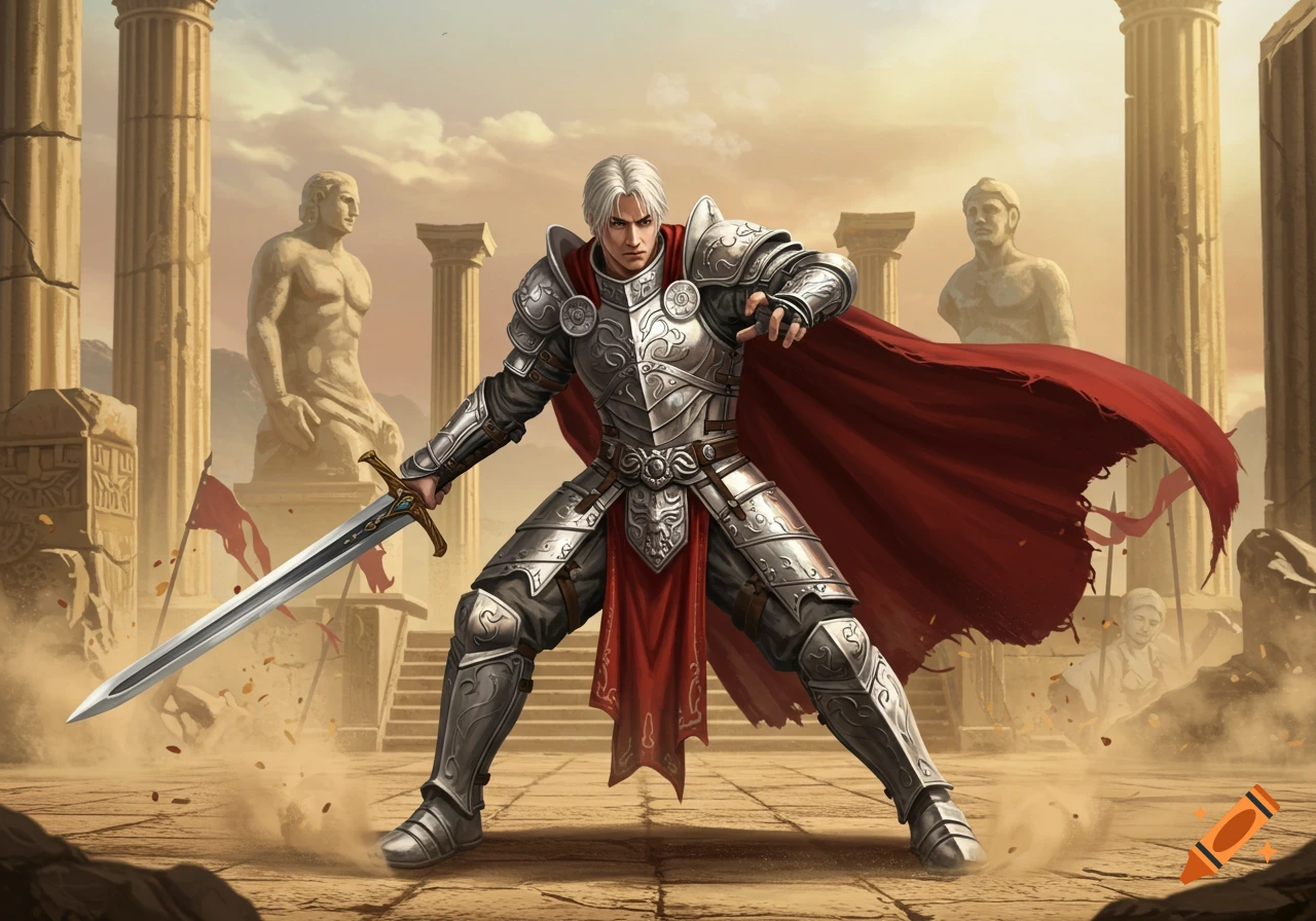 A knight in shining armor with a red cape holds a sword in a fighting stance amid ancient ruins and dust.