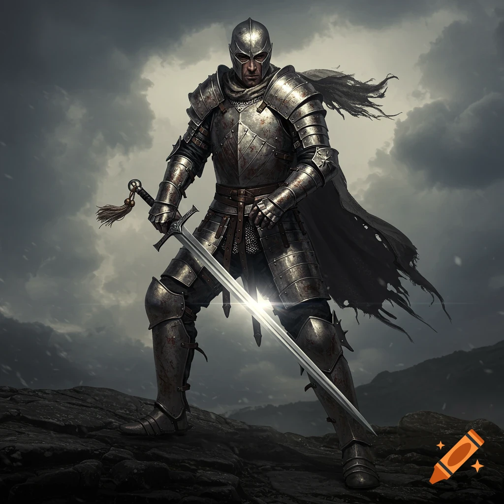 A knight in full silver armor stands on a rocky hill, holding a shining broadsword, under a dark, cloudy sky.