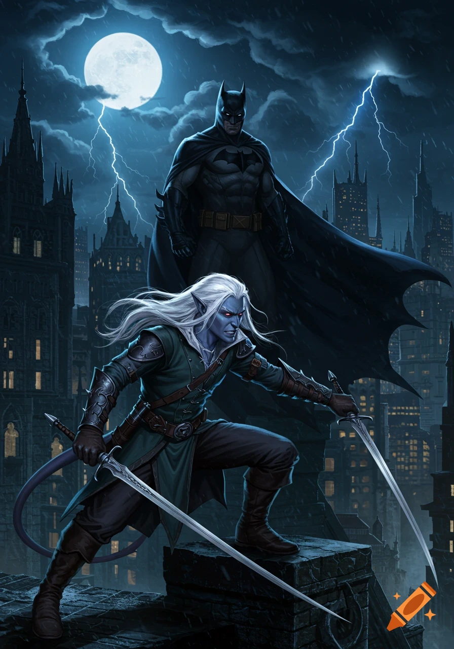 Batman and a white-haired dark elf with two swords on a stormy city rooftop under a full moon with lightning, digital art.