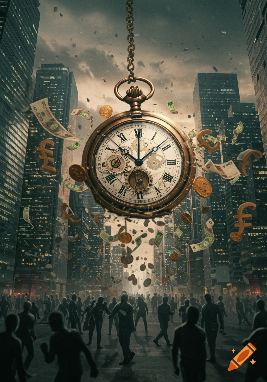 A large pocket watch hangs by a chain above a city street with silhouetted people. Money and currency symbols fall around it.