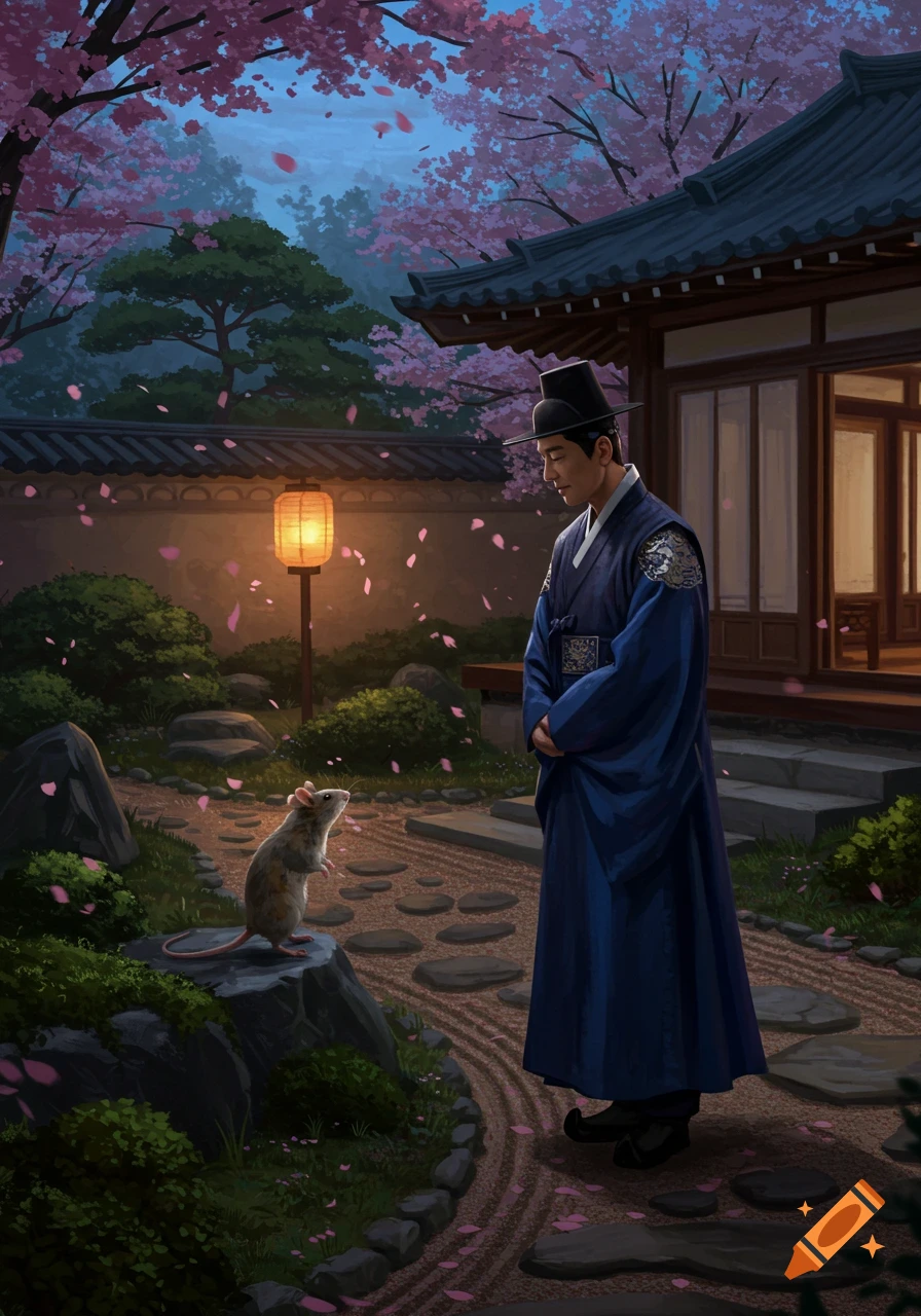 A man in traditional Korean hanbok looks at a rat standing on a rock in a blooming cherry blossom garden at dusk. Digital art.