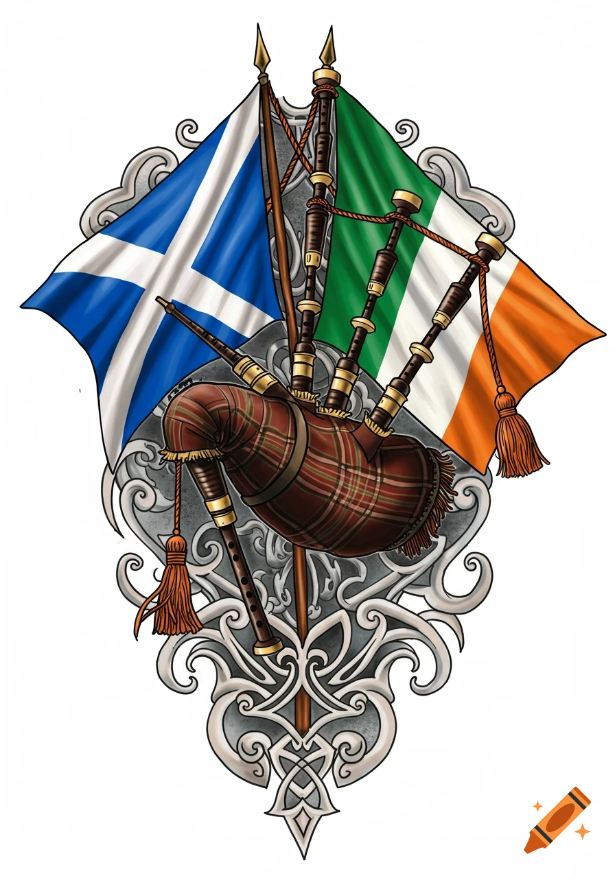 Colorful illustration of bagpipes with plaid bag and tassels, flanked by Scottish and Irish flags, on a Celtic knot background.