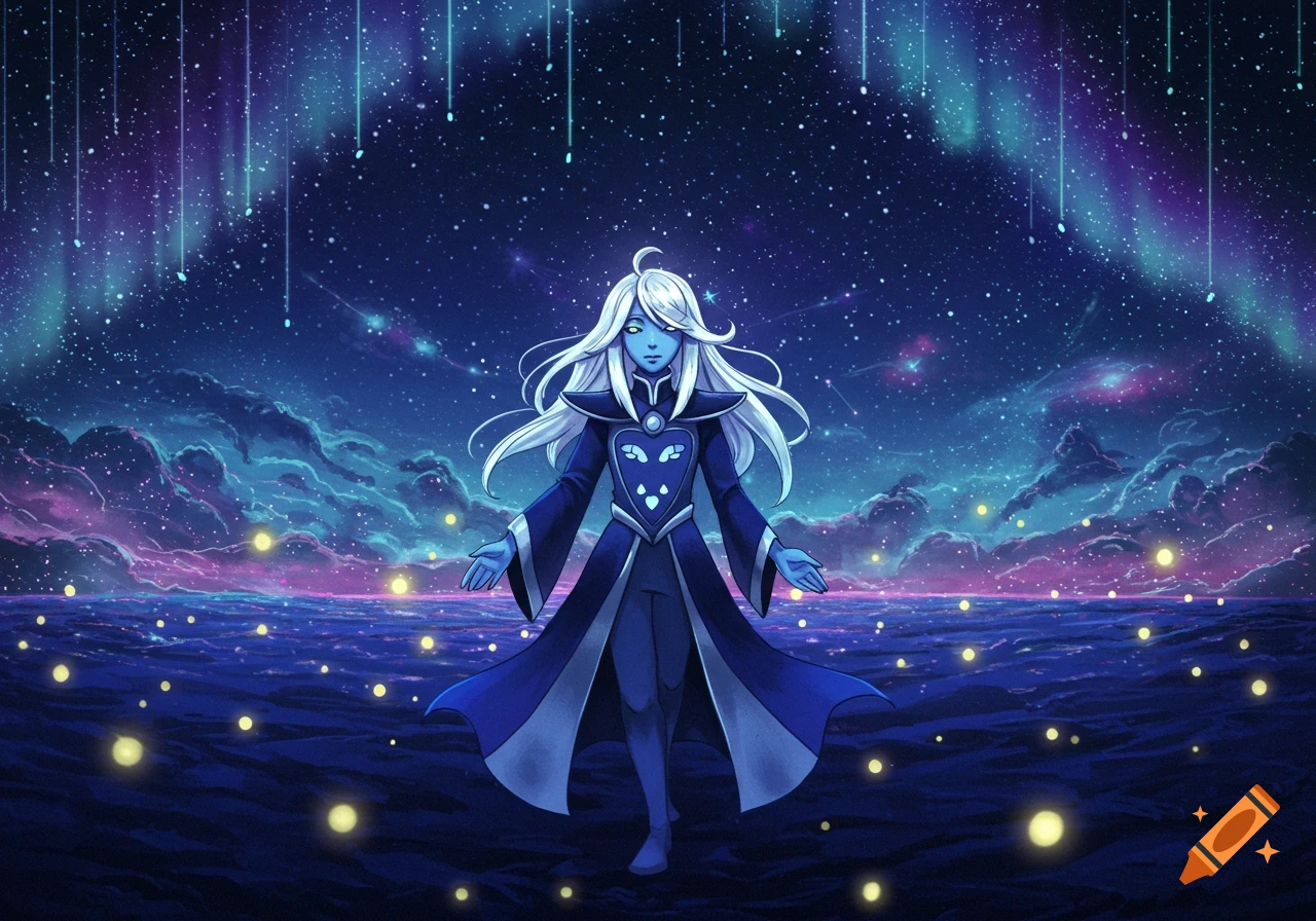 A blue-skinned character with white hair and a dark blue robe stands on a glowing water surface under a starry night sky with a vibrant aurora.
