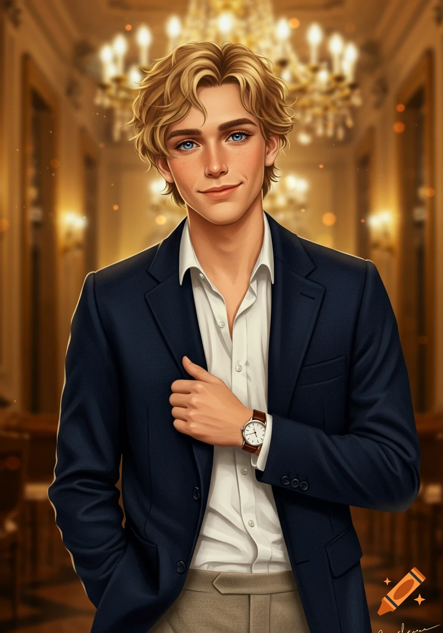 A young man with sandy blonde hair and blue eyes, wearing a navy blazer and white shirt, standing elegantly in a gold-lit ballroom. Digital art.