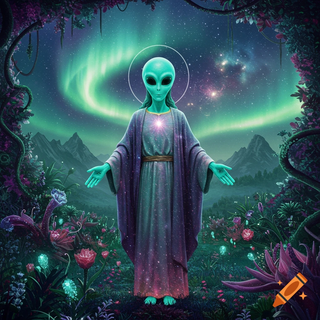 A green-skinned alien figure with a halo, arms outstretched, stands in a vibrant fantasy landscape with glowing flora and a starry sky with aurora borealis.