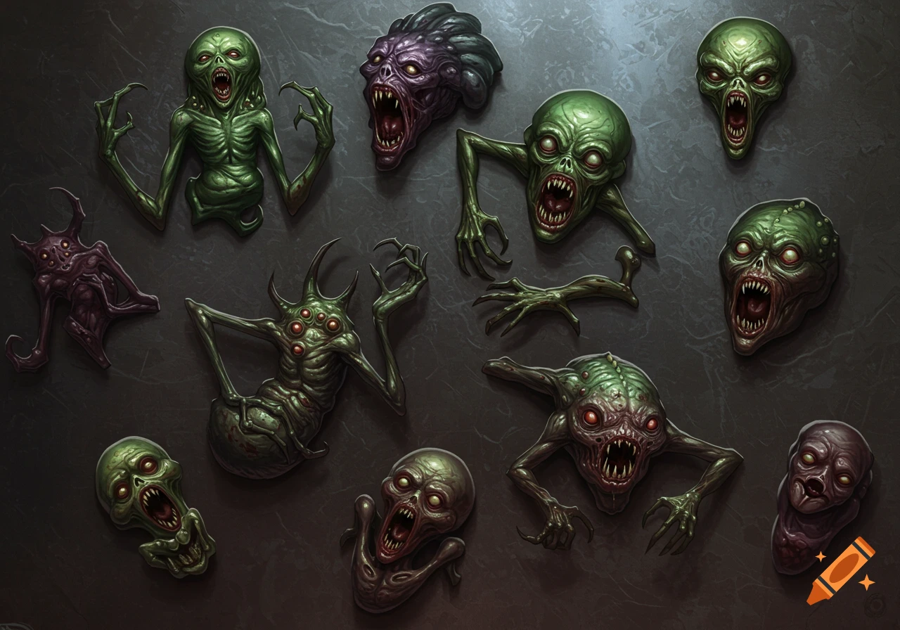 Various green and purple grotesque creature heads and bodies with sharp teeth and multiple eyes on a dark background.