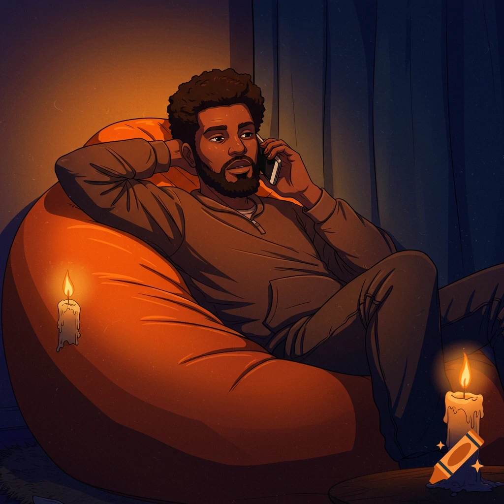 A cel-shaded anime illustration of a Black man relaxing on an orange beanbag chair, talking on the phone in a dimly lit, cozy room lit by candles.