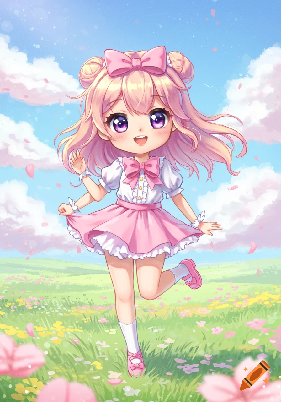 A cute chibi anime girl with pink hair and a pink dress skips joyfully in a field of colorful flowers under a bright blue sky.