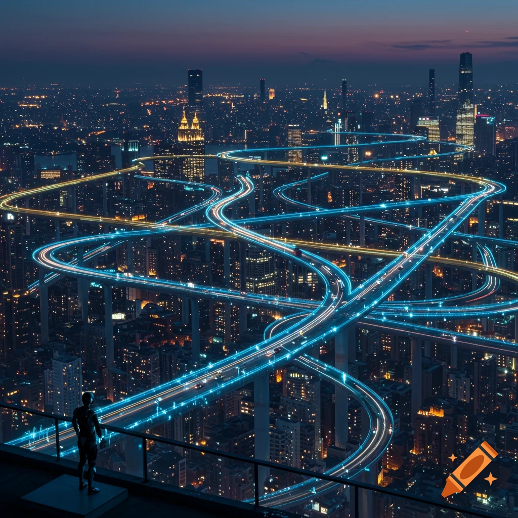 A person views a sprawling futuristic city at night, with glowing blue and yellow highways crisscrossing between skyscrapers.