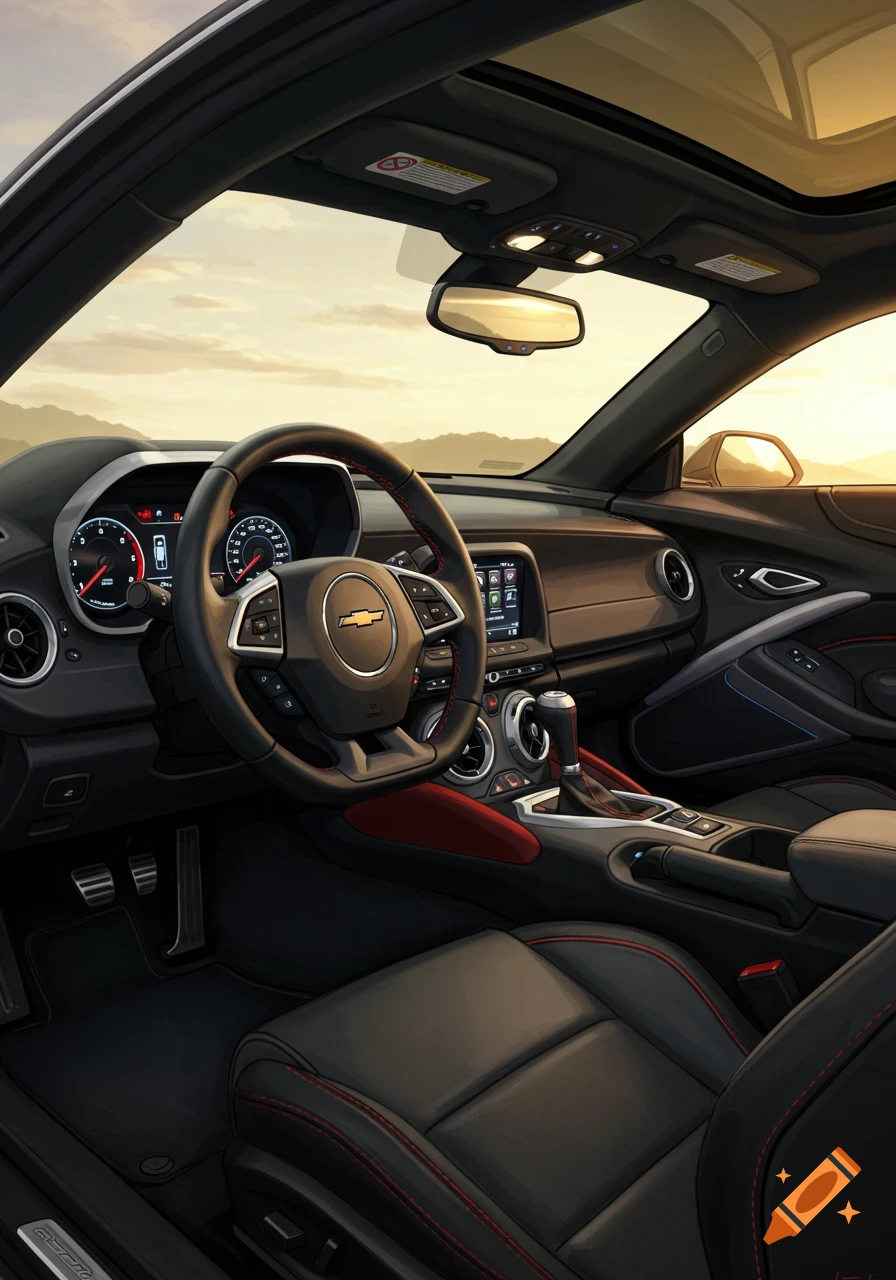 Detailed view of the dark gray interior of a Chevrolet Camaro, featuring red accents, dashboard, steering wheel, and seats, with a sunset sky visible through the windows.
