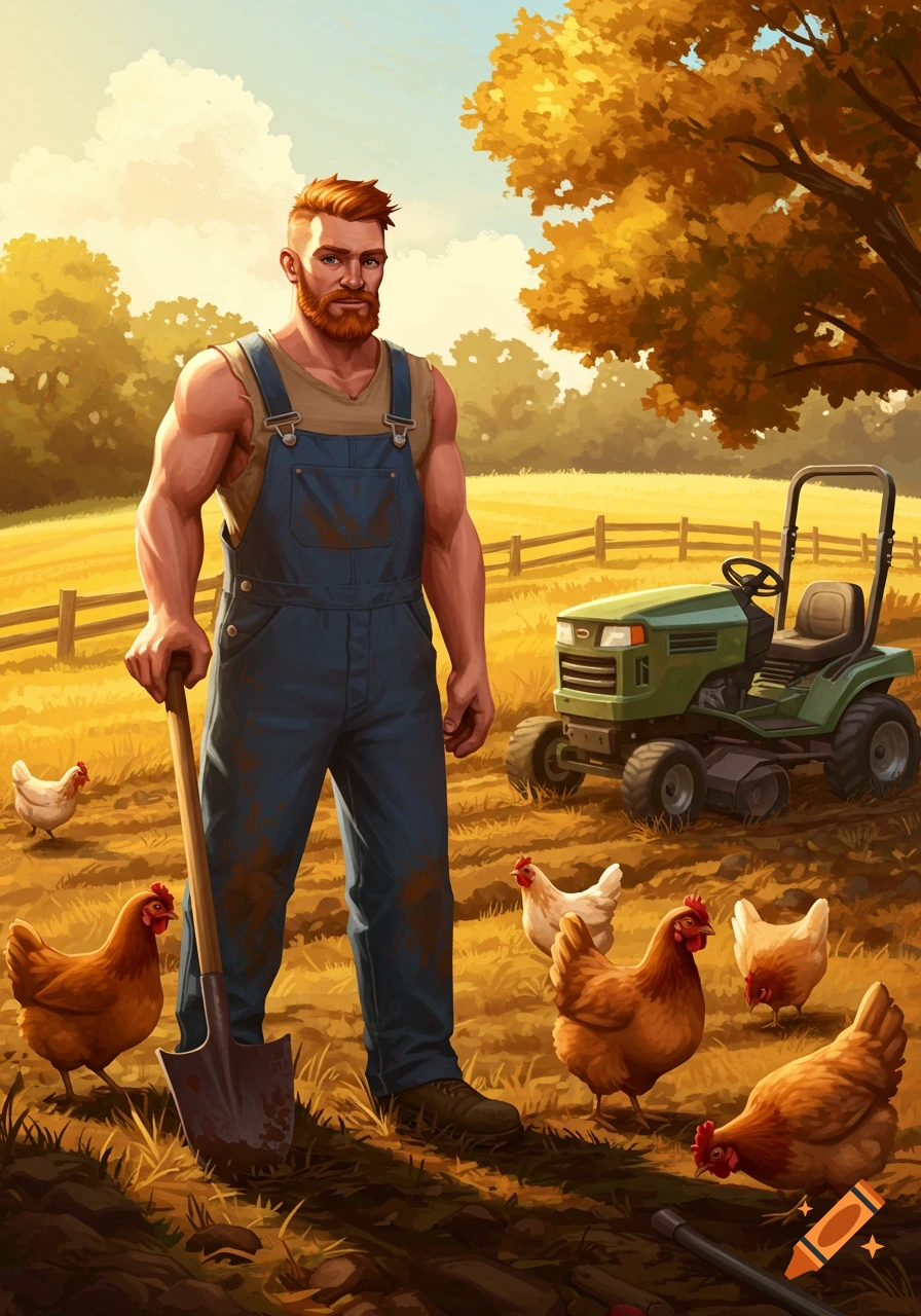 A muscular farmer with a beard stands in a sunny field with a shovel and chickens. A green riding mower is in the background.