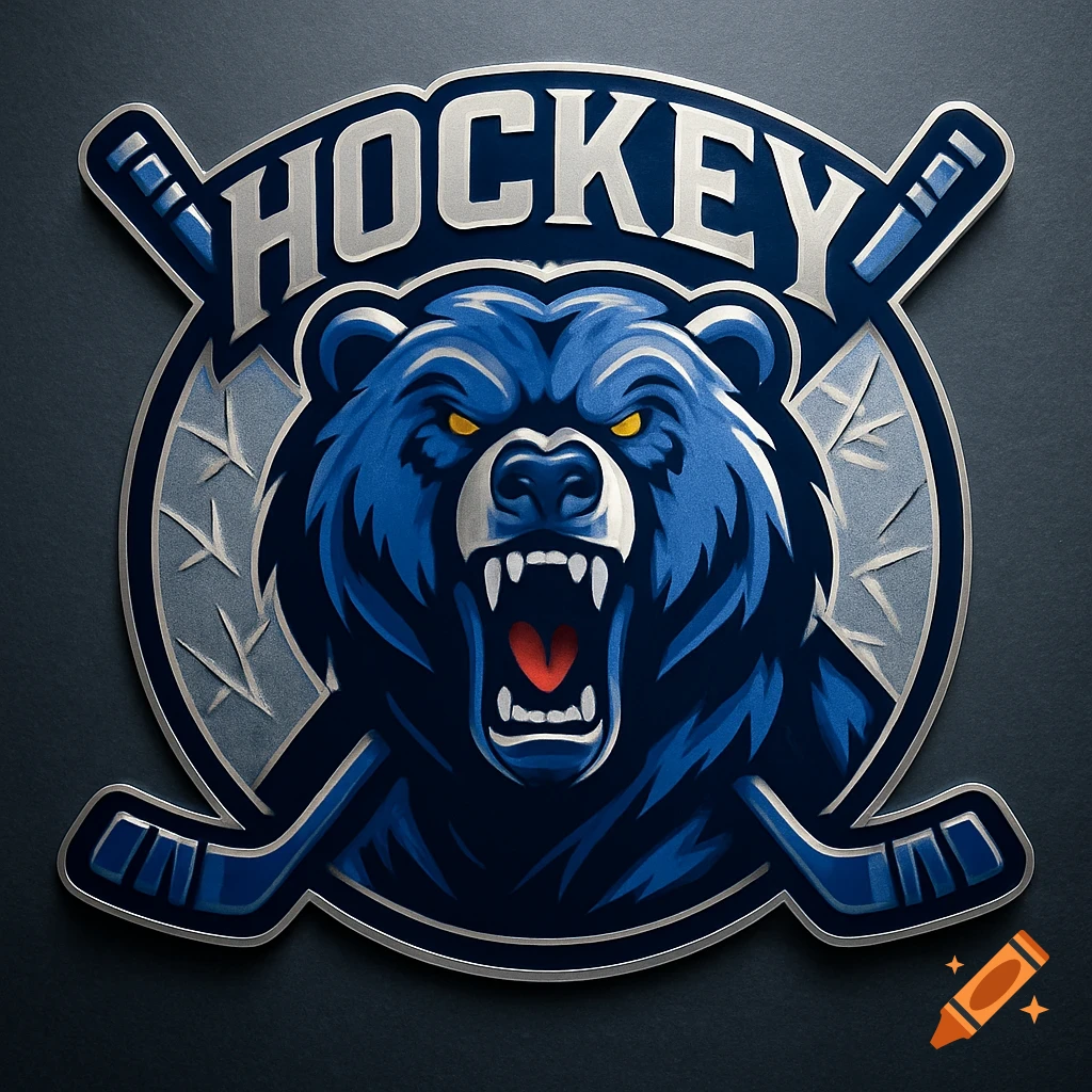 A blue bear mascot logo with crossed hockey sticks and the word 'HOCKEY' above.