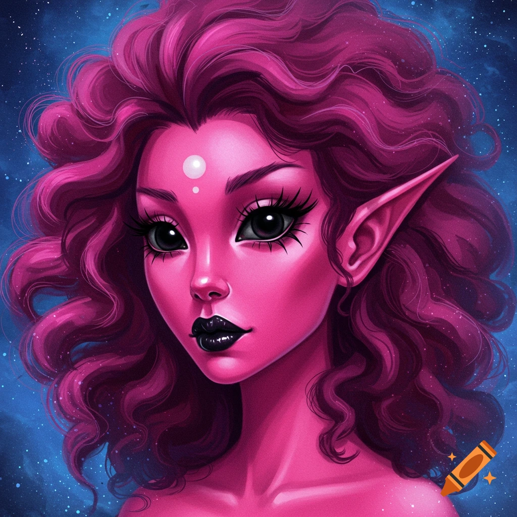 Close-up portrait of a pink-skinned woman with curly purple hair, black eyes, black lipstick, and pointy elf ears against a starry blue background.
