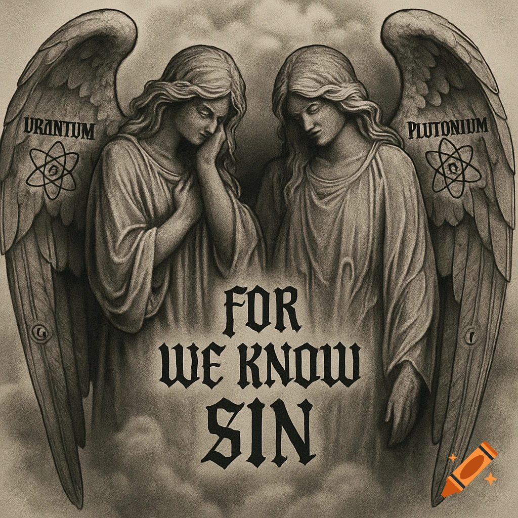 Two weeping angels in a gothic, sketch style, with 'URANIUM' and 'PLUTONIUM' on their wings, and 'FOR WE KNOW SIN' below them.